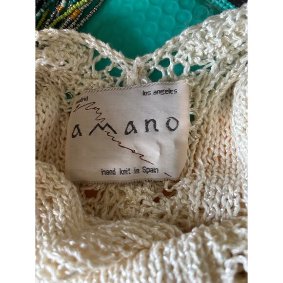 Amano Hand Knit Sweater Spain Open Weave Double V Neck Cream Small - Picture 5 of 6